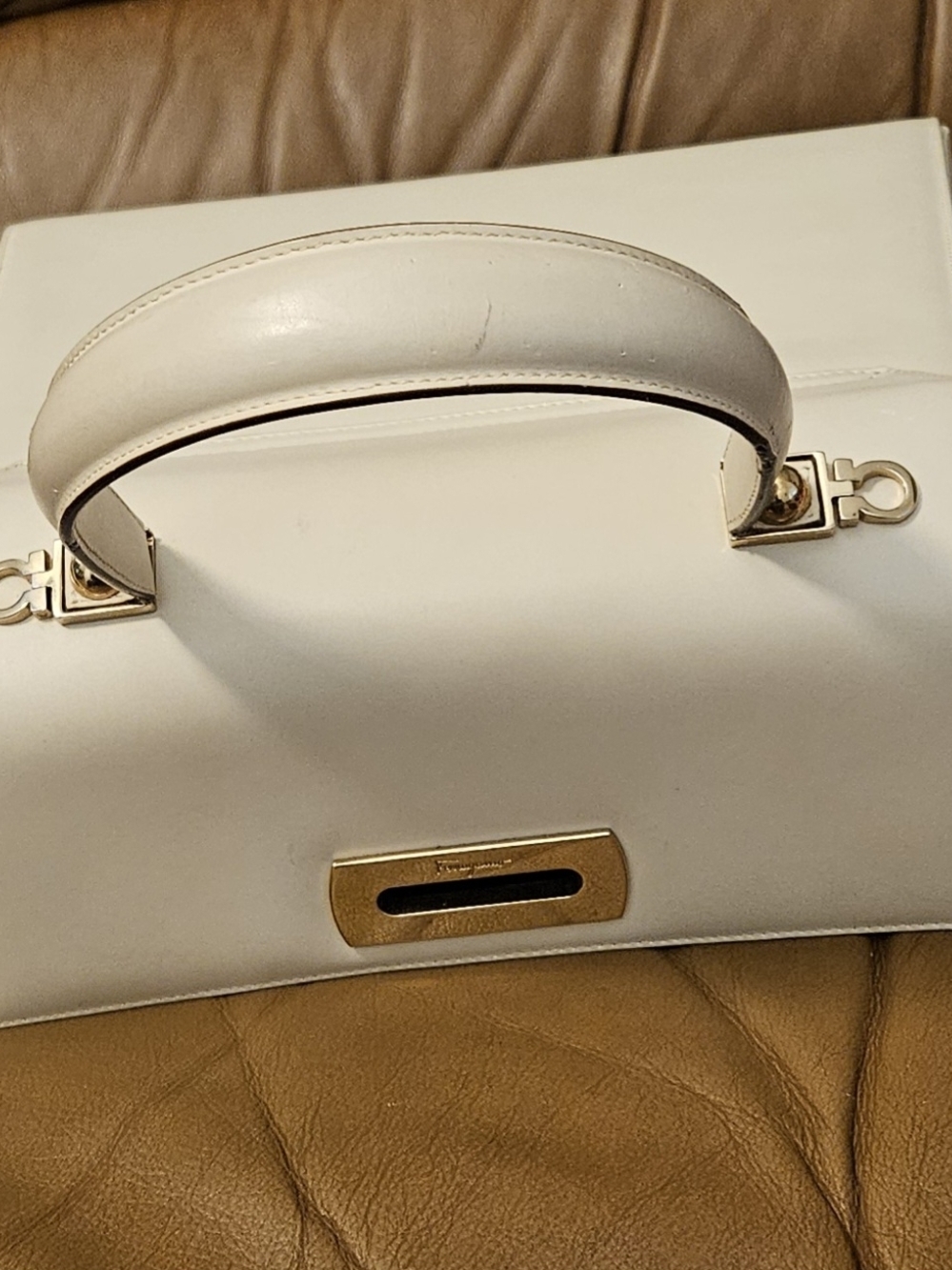 Salvatore Ferragamo Cream Leather Top-Handle Satchel with Gold Hardware - Picture 15 of 16